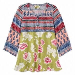 Silk Boho Tunic Top Floral Colorblock Peasant Blouse Flowy 2X